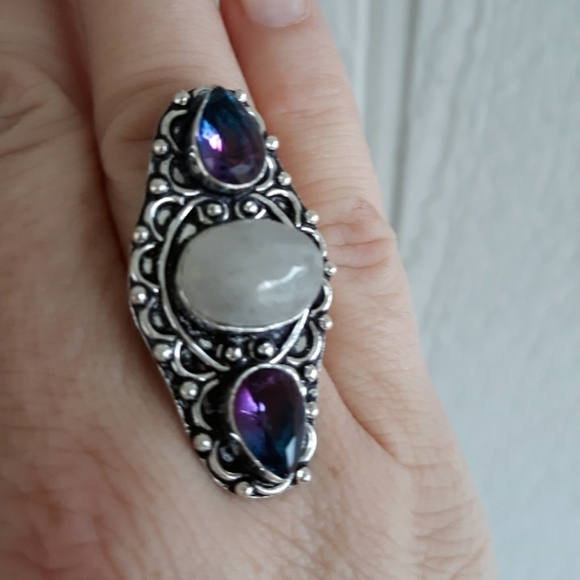 New Rainbow Moonstone & Bicolor Tourmaline 925 Silver Ring. - Picture 5 of 8